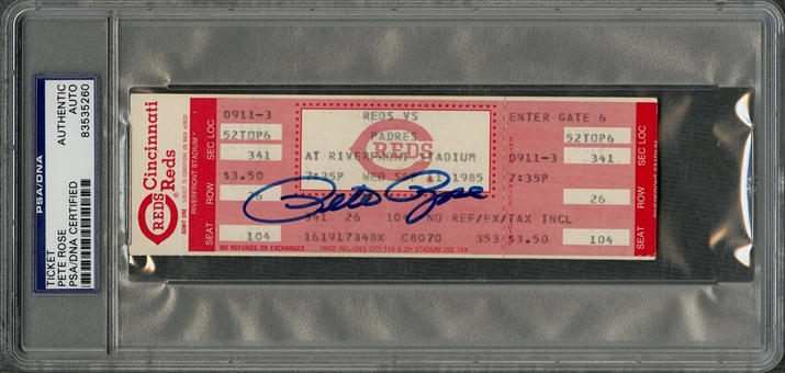 Pete Rose Signed Ticket Stub From September 11, 1985 - Passing Ty Cobb On All-Time Hit List (PSA/DNA Encapsulated)